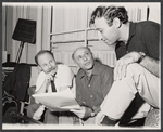 Joe Darion, Shmuel Bunim and Dov Seltzer in rehearsal for the stage production The Megilla of Itzhik Manger