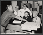 Shmuel Bunim, Pesach Burstein, Mike Burstyn, Dov Seltzer and Lillian Lux in rehearsal for the stage production The Megilla of Itzhik Manger