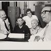 Joe Darion, Dov Seltzer, Mike Burstyn, Lillian Lux and Pesach Burstein in rehearsal for the stage production The Megilla of Itzhik Manger