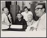 Joe Darion, Dov Seltzer, Mike Burstyn, Lillian Lux and Pesach Burstein in rehearsal for the stage production The Megilla of Itzhik Manger