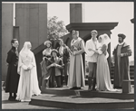 Philip Bosco, Mariette Hartley [left], Mark Lenard [center], Kathleen Widdoes [right] and unidentified others in the 1960 Central Park production of Measure for Measure