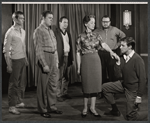 Bill Fletcher, Pat Hingle, Paul Sparer, Jessica Tandy, Patrick Hines and unidentified in rehearsal for the 1961 American Shakespeare Festival production of Macbeth