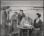 Eli Wallach, Glynis Johns, Burgess Meredith, Charles Laughton and Cornelia Otis Skinner in rehearsal for the 1956 Broadway revival of G. B. Shaw's Major Barbara
