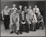 Charles Laughton [seated third from right] and unidentified others behind the scenes of the 1956 Broadway revival of Major Barbara