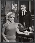 Joy Harmon, unidentified actor and Sam Levene in the stage production Make a Million