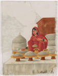Seated female salt merchant in red sari
