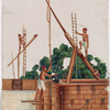 Three men on river structures with ladders and levers 