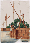 Three men on river structures with ladders and levers
