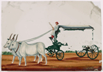 Green wagon pulled by two white oxen, driver in white robe

