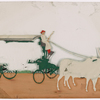 Green wagon pulled by two white oxen, driver in white robe

