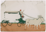 Green wagon pulled by two white oxen, driver in white robe

