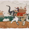 Hunting scene, leopard attacking one of two elephants, howdahs, mahouts


