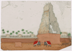 Hunting scene, leopard attacking one of two elephants, howdahs, mahouts


