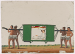 Aristocrat in white costume seated in green palanquin, carried by four bearers