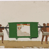 Aristocrat in white costume seated in green palanquin, carried by four bearers