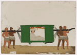 Aristocrat in white costume seated in green palanquin, carried by four bearers