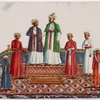 Aristocrats (9 men) standing on dais with ornate rugs