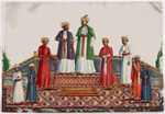 Aristocrats (9 men) standing on dais with ornate rugs