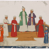 Aristocrats (9 men) standing on dais with ornate rugs