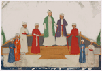 Aristocrats (9 men) standing on dais with ornate rugs