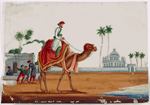 Camel and rider in white robe, with two white buildings and figures standing in the background