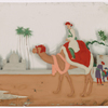 Camel and rider in white robe, with two white buildings and figures standing in the background