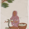 Seated female fishmonger in pink sari