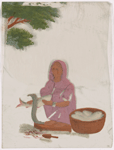 Seated female fishmonger in pink sari