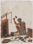 Seated blacksmith surrounded by tools