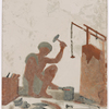 Seated blacksmith surrounded by tools