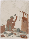 Seated blacksmith surrounded by tools