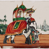 Elephant with caparison and howdah. Mahout in white robe and attendants, buildings in the background