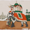 Elephant with caparison and howdah. Mahout in white robe and attendants, buildings in the background