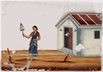 Female spinner in front of white building