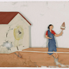 Female spinner in front of white building