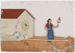 Female spinner in front of white building
