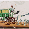 Green wagon with yellow windows, driver in white robe, pulled by 2 white oxen
