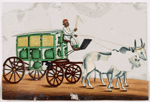 Green wagon with yellow windows, driver in white robe, pulled by 2 white oxen