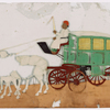 Green wagon with yellow windows, driver in white robe, pulled by 2 white oxen
