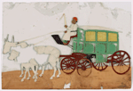 Green wagon with yellow windows, driver in white robe, pulled by 2 white oxen