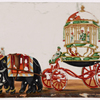 Two elephants pulling elaborate carriage,  with mahouts and attendants