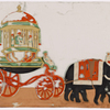 Two elephants pulling elaborate carriage,  with mahouts and attendants