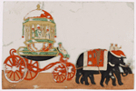 Two elephants pulling elaborate carriage,  with mahouts and attendants