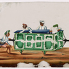 Six servants standing around green palanquin on the ground