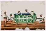 Six servants standing around green palanquin on the ground