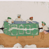 Six servants standing around green palanquin on the ground