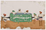 Six servants standing around green palanquin on the ground