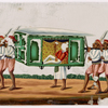 Aristocrat in green palanquin, accompanied by four bearers and a servant