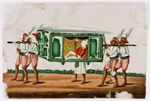 Aristocrat in green palanquin, accompanied by four bearers and a servant