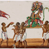 Festival procession, Hanuman/green monkey god figure on litter, with 8 bearers, and 2 others leading, making offerings